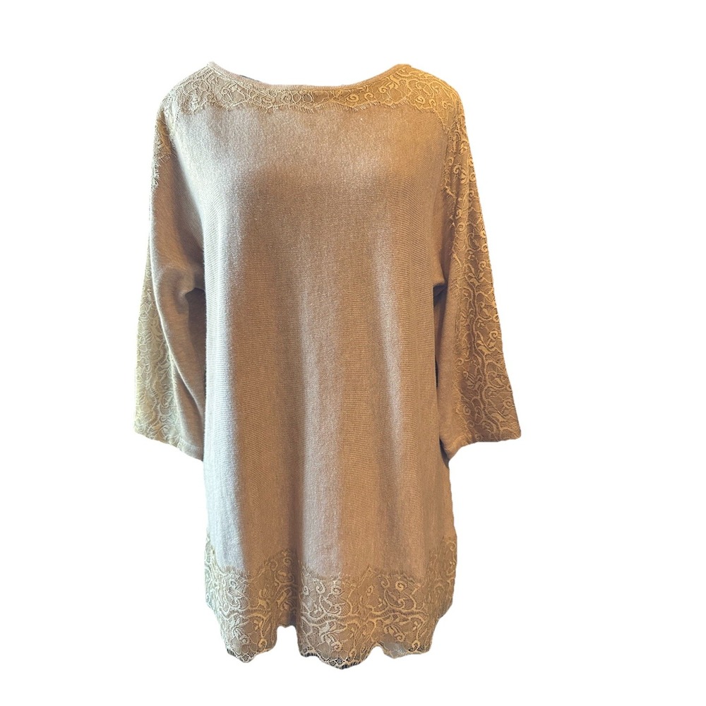 Chico's 2 $99 Sz M NEW Lace Neck Amina Pullover‎ Sweater Tunic Camel 3/4 Sleeve